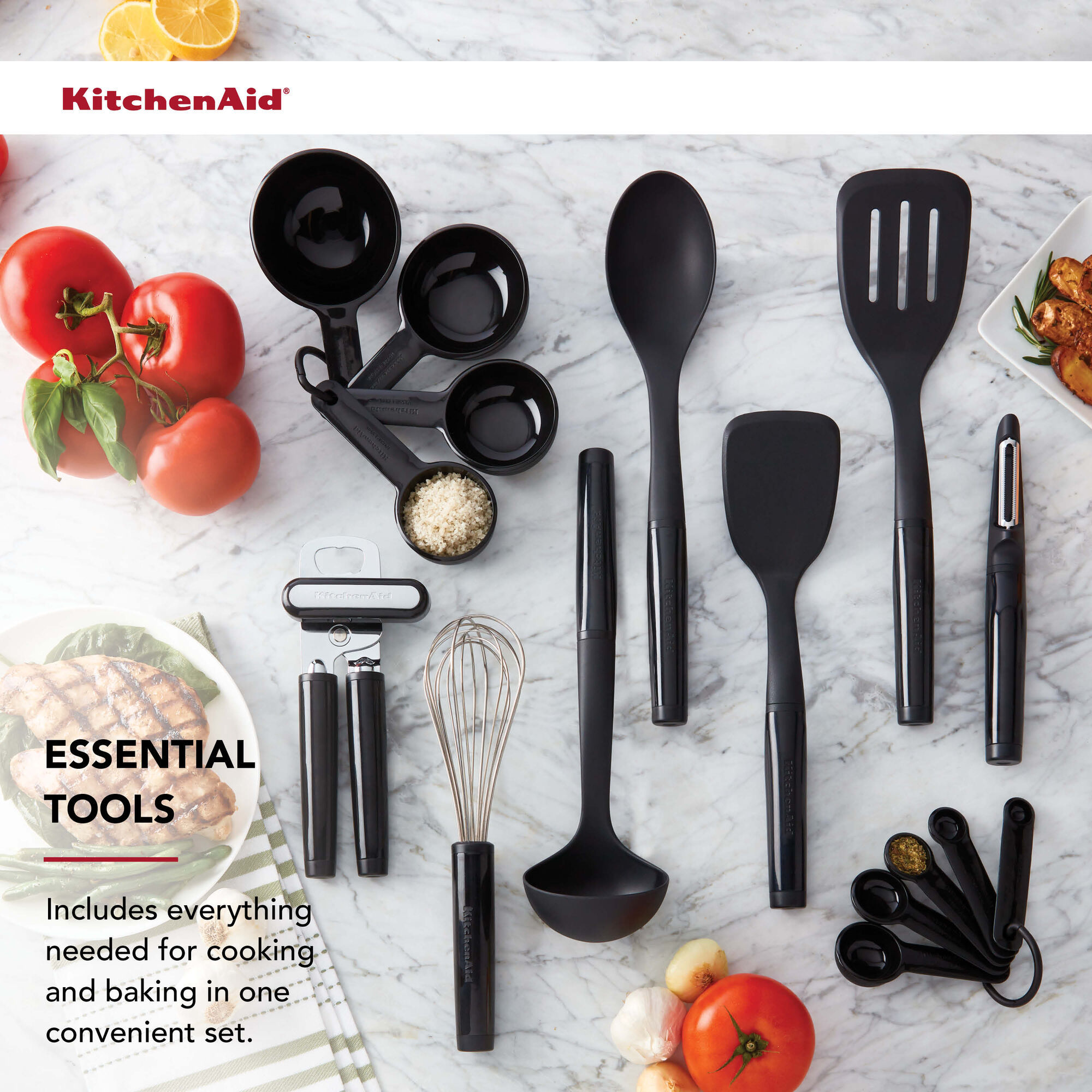 KitchenAid Universal 16 Piece Kitchen Tool and Gadget Set, Black, Includes Cooking Utensils, Measuring Cups & Spoons - Thumbnail 2