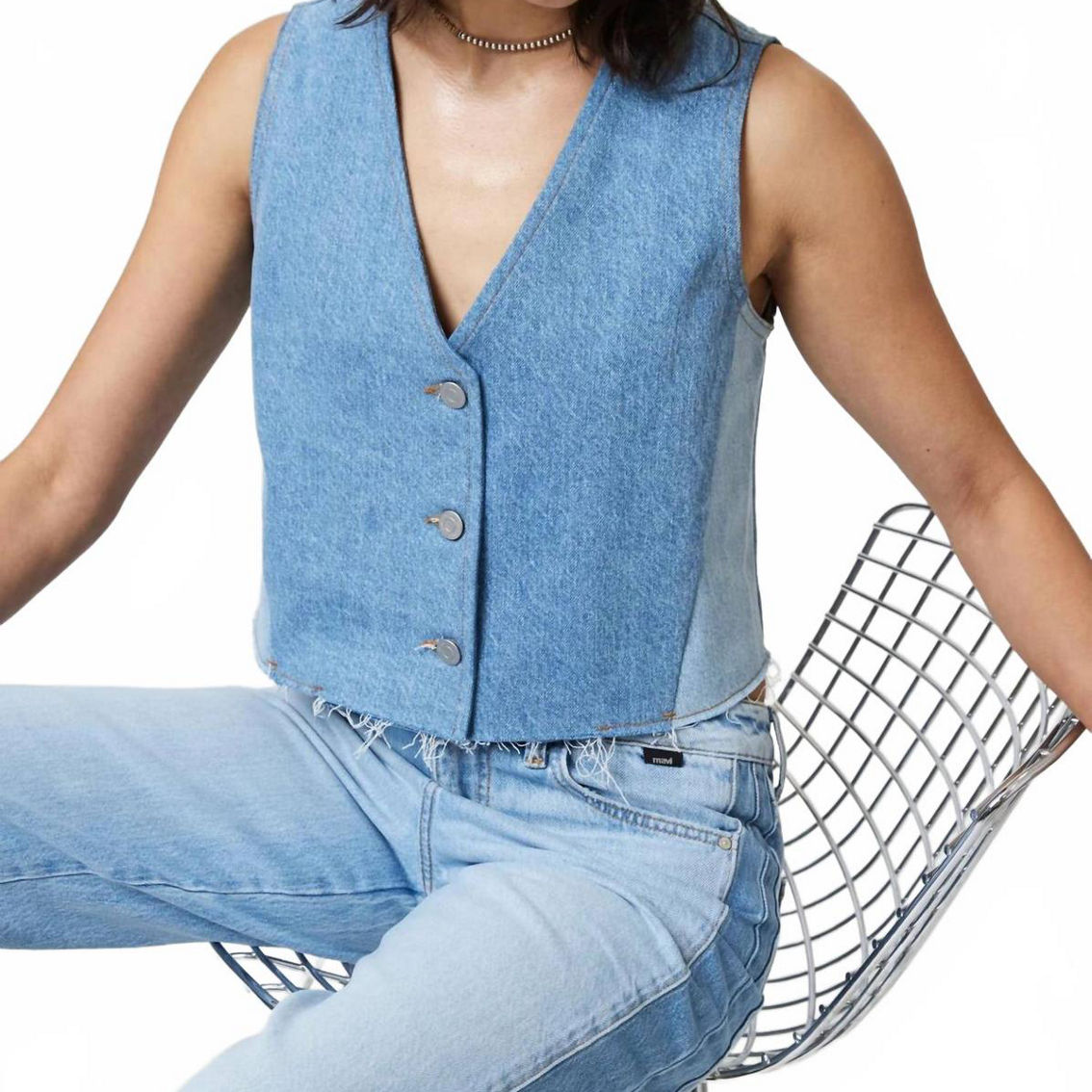 トップス SOSHIOTSUKI 23AW Lupe Denim V Neck Vest Women's V-neck Cropped Denim Vest Warehouse One