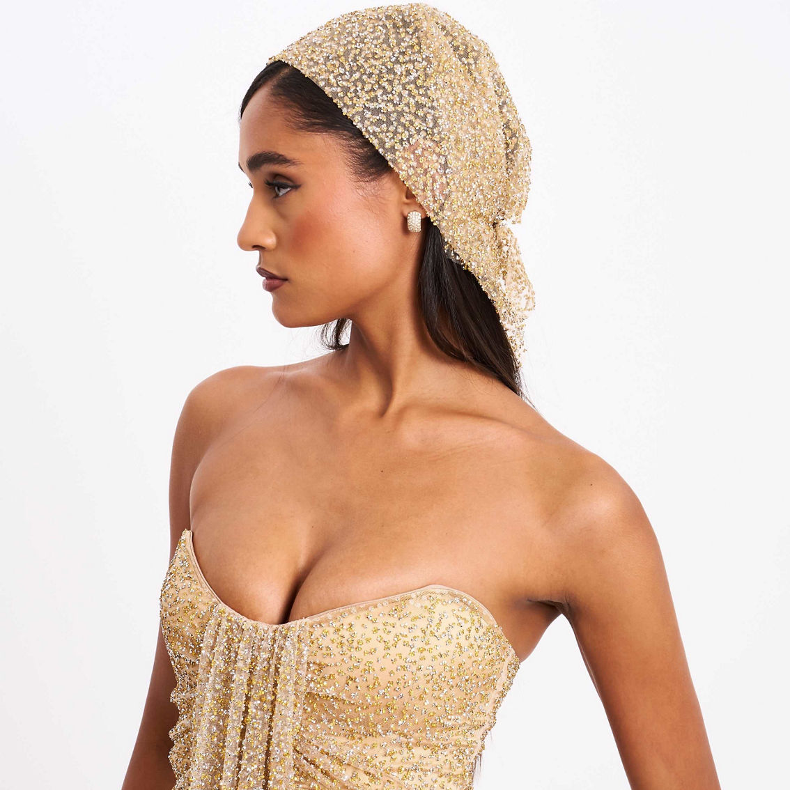 green emerald velvet dress Ada Gold Rhinestone Embellished Strapless Gown with Head Scarf